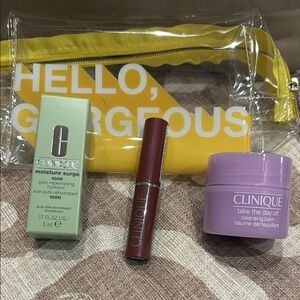 Clinique lipstick, moisturizer & cleansing balm in pouch